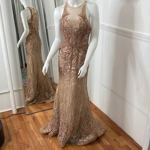 Mac Duggal High Neck Beaded and Embroidered Long Gown